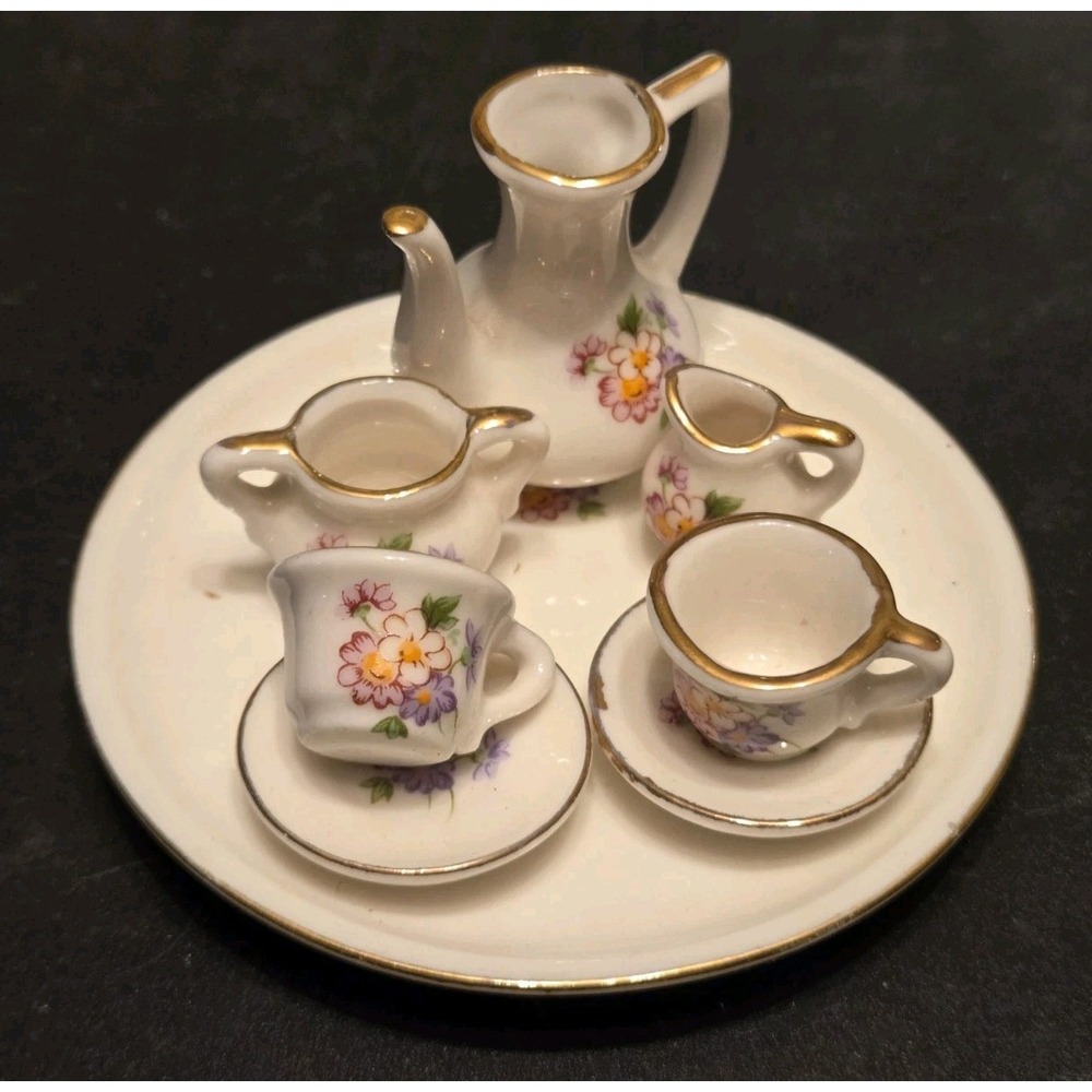 Vintage Taiwan Miniature Porcelain Tea Set Floral Gold Trim Dollhouse Set